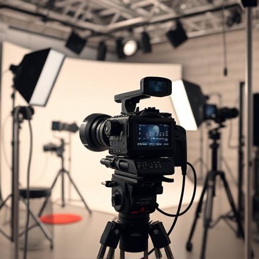 Innenansicht des Filmstudios mit Kamera und Beleuchtungsequipment